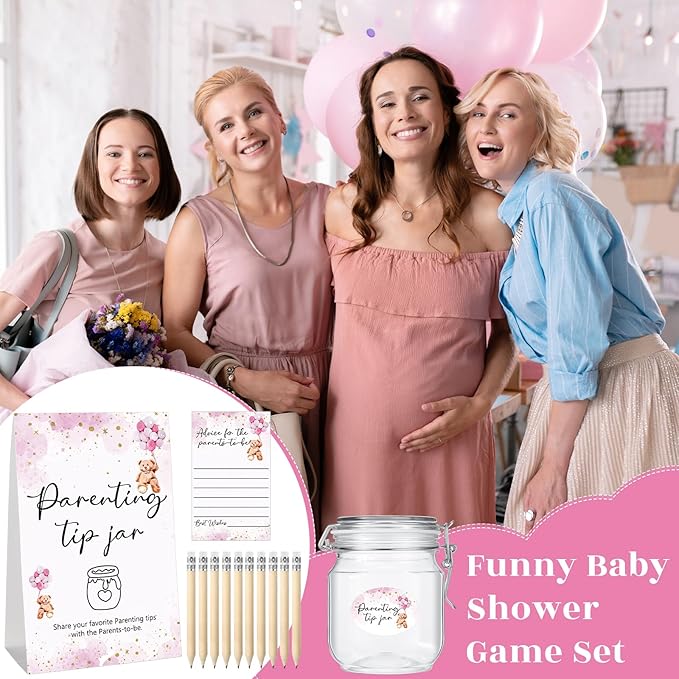 Roowest Baby Shower to Baby Advice Cards for New Parents to Be - Tip Jar Sign for New Parents 60 Parenting Advice Cards 10 HB Pencils 2 Cute Stickers 1 Pet Bottle for Guests Games(Pink Bear)