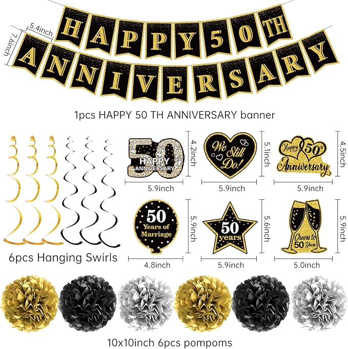 50th Wedding Anniversary Party Decorations Supplies Kit - 41PCS Black Gold Happy 50th Anniversary Banner Backdrop Hanging Swirl Pompoms Decorations Cards
