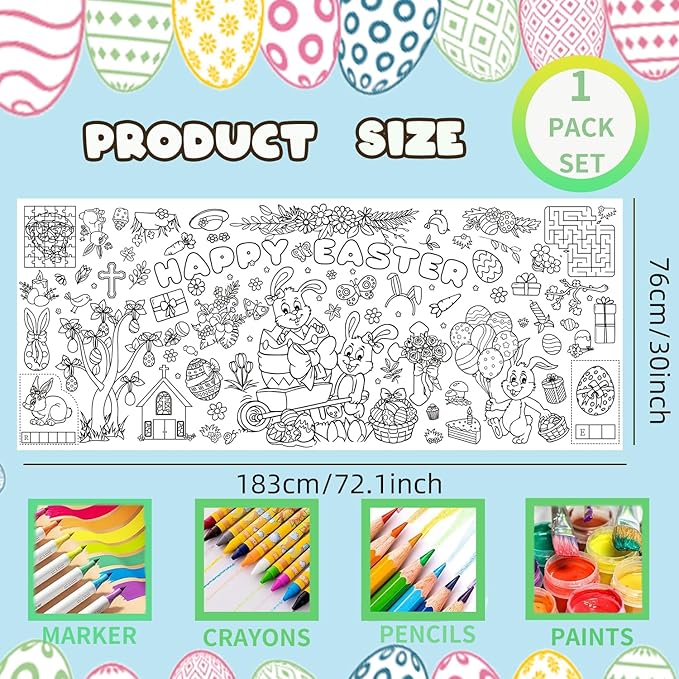 Easter Giant Coloring Poster/Tablecloth, Crafts for Kids, 30 x 72 Inches Jumbo Coloring Banner, Versatile Paper Table Cover for Easter Party Favors, Wall Decoration