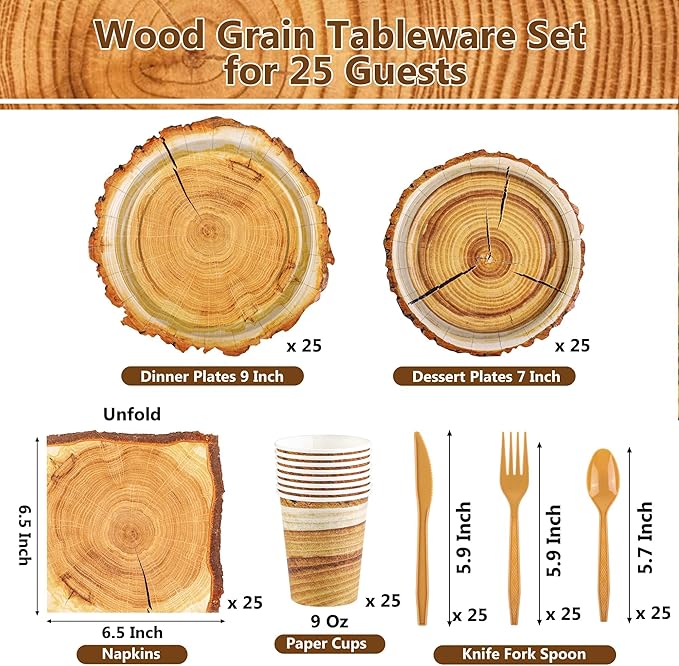Kochorie 175 Pieces Rustic Wood Slice Party Supplies Camping Wood Grain Slice Tableware Set 7 Inch and 9 Inch Paper Plates Napkins Cups Cutlery for Hunting Birthday Party Decorations, Serve 25 Guests