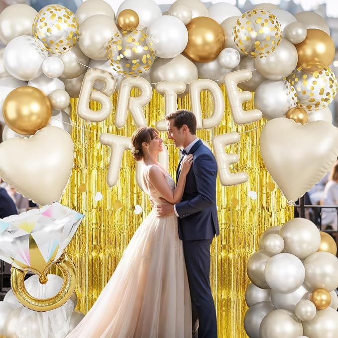 Cream Gold Bachelorette Party Decorations, Bride To Be Mylar Foil Letter Balloons with White Gold Balloons Diamond Ring and Cream Heart Balloon for Bridal Shower Decoration Engagement Hen Party Decor