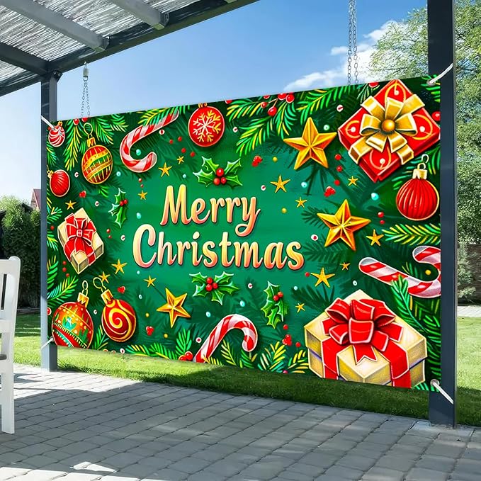 Christmas Banner Merry Christmas Decoration Green Red Holiday Wall Backdrop Festive Ornaments Gift Candy Cane Tree Decor for Home Office Party Indoor Outdoor 71 X 43 Inches