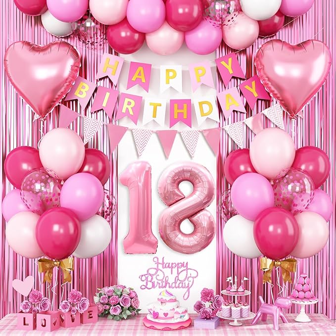 18th Birthday Decorations for Girls,Hot Pink 18th Birthday Balloons with Happy Birthday Banner Fringe Curtain Heart Foil Balloons for 18 Year Old Birthday Decor