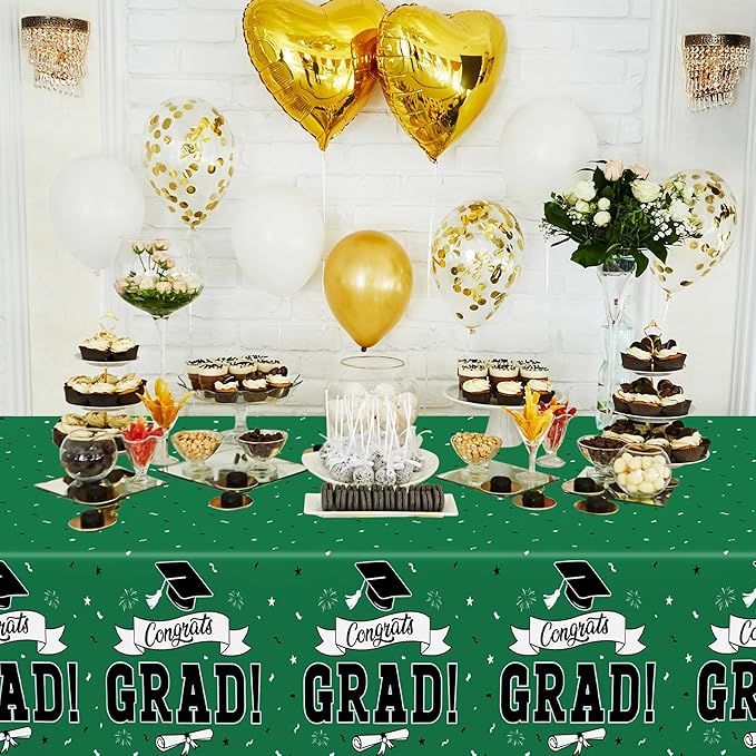 QZYL 2 PCS Graduation Tablecloth, 108" X 54" Green Graduation Table Decorations 2026, Rectangle Table Cloths for Class 2026 Congrats Grad, Disposable Plastic Tablecover for Grad Decor Party Supplies