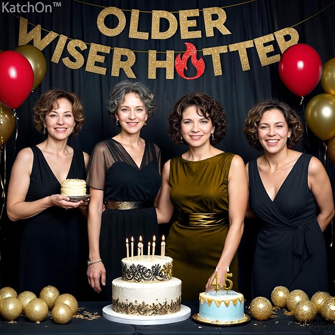 KatchOn Glitter Gold Older Wiser Hotter Banner - NO DIY | 10 Feet Funny Decorations