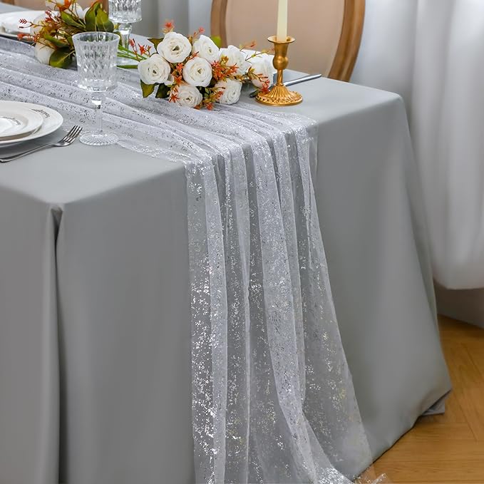 Snowkingdom 10 FT White Silver Cheesecloth Table Runner, Sequin Metallic Foil Sheer Chiffon Gauze, Glitter Silver Party Table Decoration Centerpieces for Wedding Birthday Bridal Baby Shower Christmas