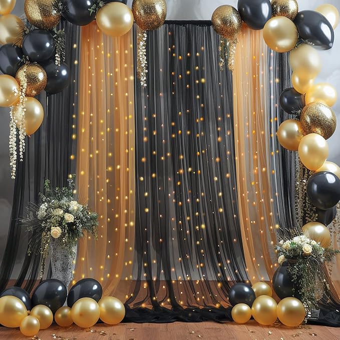 20x8ft Black Tulle Backdrop Curtain with Lights String for Parites, Sheer Backdrop Curtains for Wedding Baby Shower Birthday Party Photo Shoot Decorations