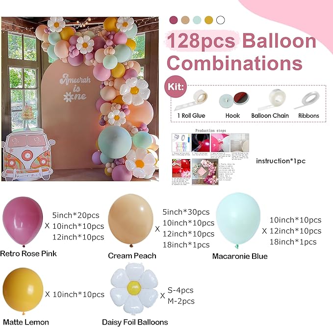 Daisy Balloon Garland Arch Kit Balloon Combination for Groovy Theme Party Birthday Baby Shower Wedding Celebration (Pink)