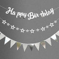 CANREVEL 3 PCS Silver Happy Birthday Banners, Hanging Stars Garland and Pennant Banner Flags, Silver Garland for Silver Party Decorations, Birthday Party Supplies for Women Men Girls Boys Adults
