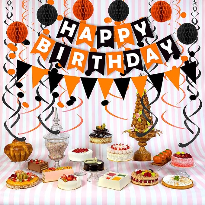 Fecedy Black Orange Happy Birthday Banner Paper Triangle Flag Bunting Circle Confetti Dots Hanging Garland and Honeycomb Ball Swirl Streamers for Birthday Baby Shower Halloween Party Decoration