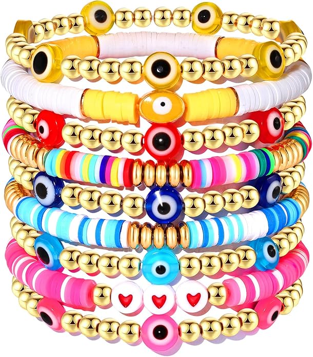 Surfer Heishi Bracelets for Women Stackable Rainbow Vinyl Disc Clay Beaded Stretch Bracelets Elastic Layering Friendship Bracelets Boho Summer Beach Jewelry