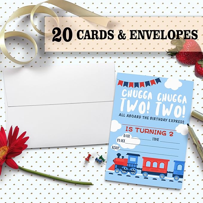 Birthday Party Invitation Cards, Stream Train Party Celebration, 2nd Birthday Chugga Chugga Two Two Train，Party Supplies, Favors, 20 Cards With 20 Envelopes – (blue 2y)