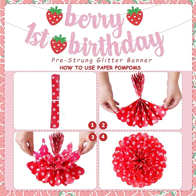 Kriyokiaa Berry First Birthday Decor 14 Pcs Strawberry 1st Birthday Decorations for Girls with Banners, Paper Lantern, Paper Pom Poms Perfect for Baby Girl Party Decoration