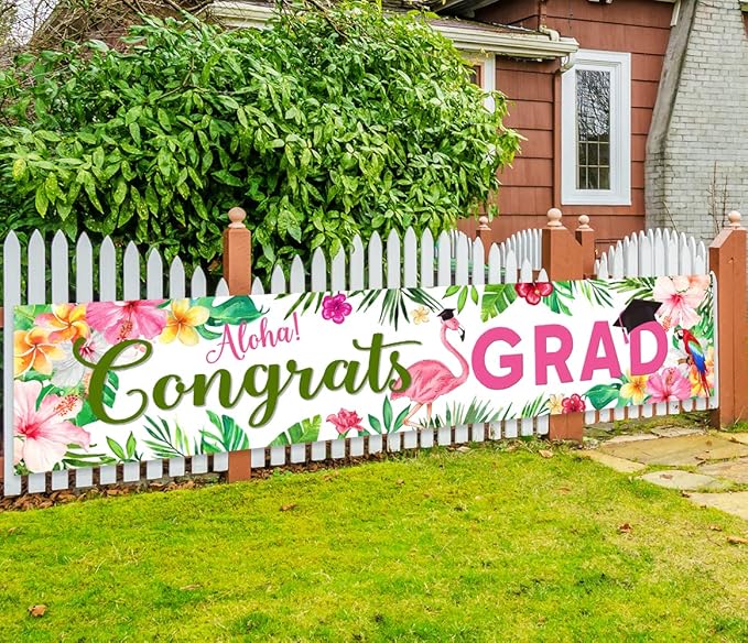 Aloha Congrats Grad Banner Graduation Decorations Class of 2026 Large Luau Grad Yard Sign Hawaiian Hanging Grad Backdrop Outdoor/Indoor Tropical 2026 Graduation Party Supplies 118"x 24"