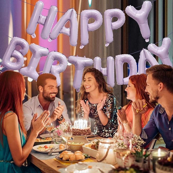 KALOR Pastel Purple Happy Birthday Balloons Banner, 16 Inch Mylar Foil Letters Balloon Sign for Birthday Party Decorations Photo Booth Backdrop