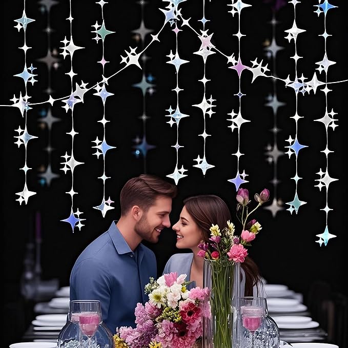 Glitter Iridescent Four-Angle Star Paper Garland Banner Décor 40 Feet Iridescent Twinkle Star Hanging Bunting Banner Backdrop for Wedding Baby Shower Birthday Graduation Disco Party Decorations