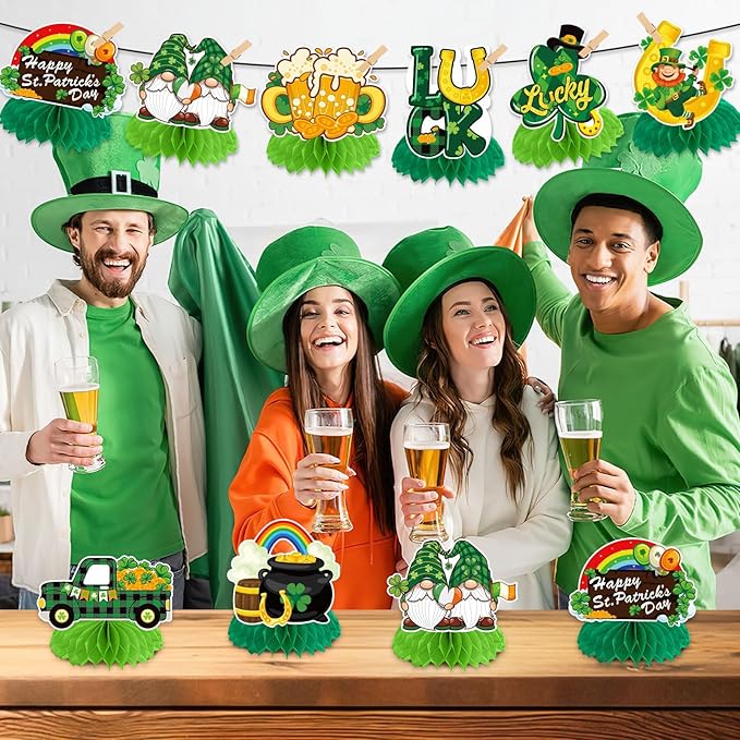 JULMELON St. Patrick's Day Table Decorations Honeycomb Centerpiece, 8pcs Shamrock Leprechaun Lucky Gold Coin Table Topper Irish Party Home Decor