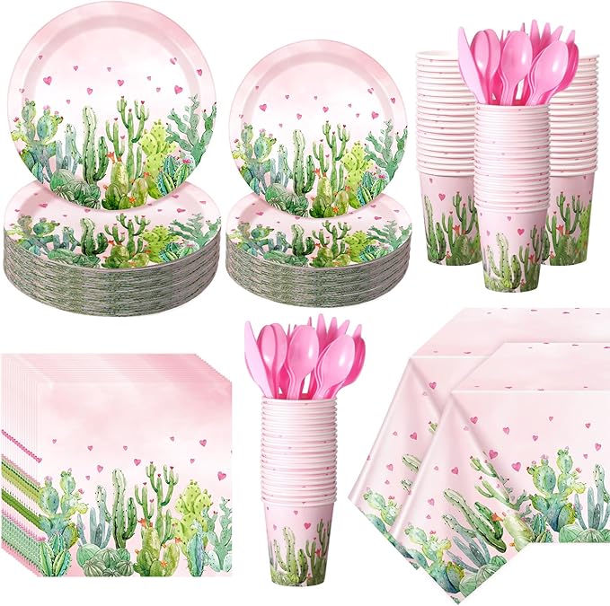 170 Pcs Cactus Party Decorations Supplies 24 Guest Cactus Party Set Disposable Tableware Paper Plate Cup Napkin Fork Knives Spoon for Fiesta Celebration Birthday Taco Decoration (Pink)