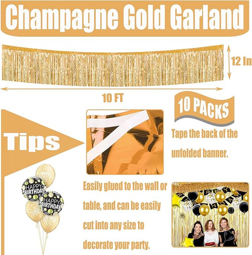 10 Pack 10 Feet Foil Fringe Garland Metallic Tinsel Streamers Banner Wall Hanging Curtain Backdrop for Parade Floats, Wedding, Disco, Birthday, Halloween, Christmas Party Decorations(Champagne Gold)
