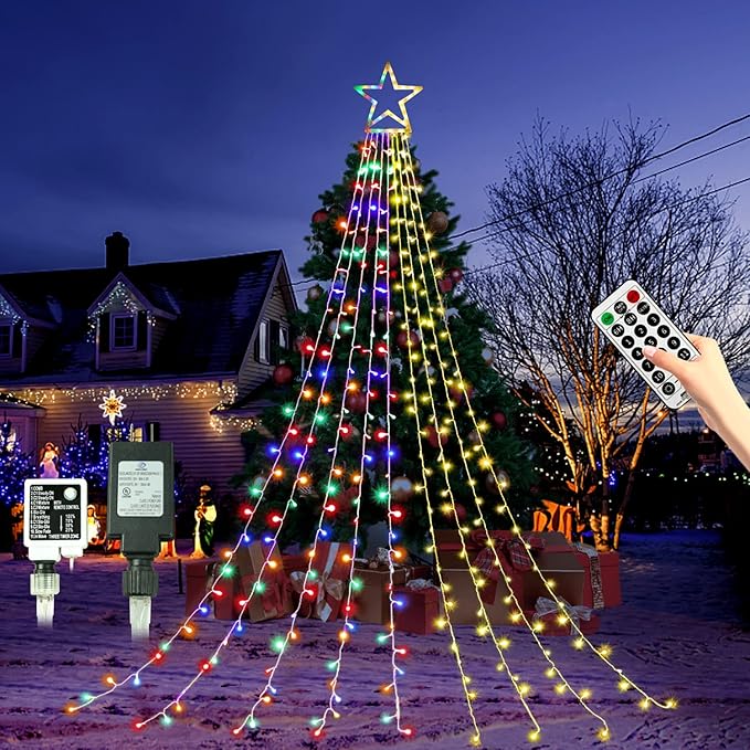 PUHONG Color Changing Christmas Lights, 4 in1 Outdoor Star String Lights, 320 LED Christmas Decoration Lights [11 Modes & Waterproof & Remote] for Halloween Xmas New Year Holiday (Warm+Multicolor)
