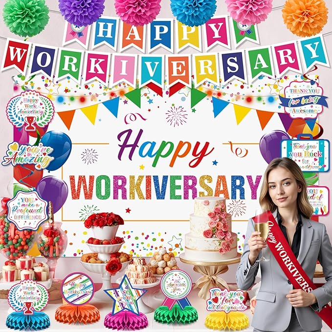 Happy Work Anniversary Decorations Colorful Happy Workiversary Banner Honeycomb Centerpieces Hanging Swirls Tissue Paper Pompoms Sash for Men Women Office Employee Worker Pastor Appreciation Supplies