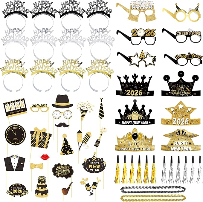 New Years Eve Party Supplies 2026 – 63 PCS Celebration Kit with Headbands, Crown Hats, Glasses, Noise Makers, Photo Booth Props & Wristbands – Gold Silver Happy New Year Decorations