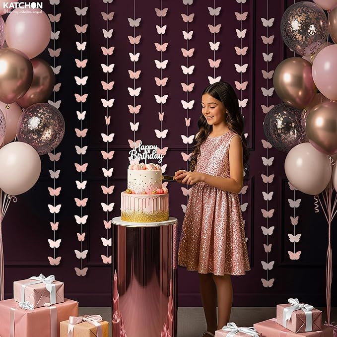 KatchOn, Rose Gold Hanging Butterfly Garland - Pack of 6 | Butterfly Wall Decor & Birthday Banner for Girls | Butterfly Birthday Decorations for Women, Baby Shower, Wedding, Bridal Shower