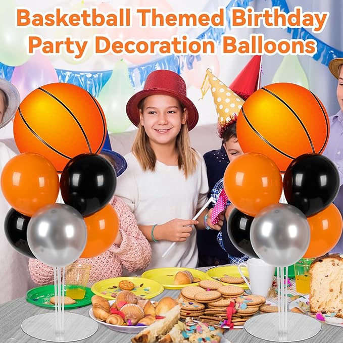 Basketball Party Balloons Stand Kit - 2 Sets With 2 Basketball Ball Foil Balloons - Basketball Themed Party Balloon Centerpiece for Tables - Game Sports Birthday Party Decorations