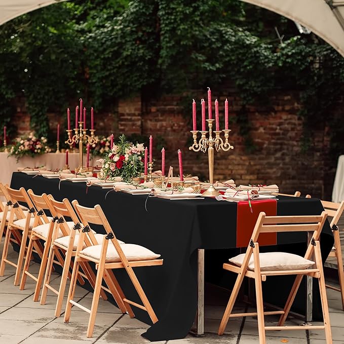 12Pack 12x108 Inch Satin Table Runner and 54x108Inch Plastic Tablecloths Set Black and Red Disposable Rectangle Table Cover for Graduation Wedding Bridal Shower Anniversary Birthday Party Decorations