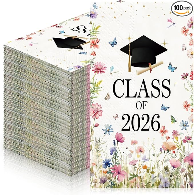 Eaasty 100 Pcs Wildflower Graduation Decorations Class of 2026 Napkins Floral Butterfly Disposable Decorative Cocktail Paper Napkins Graduation Party Supplies for 2026 Freshly Graduated Decorations