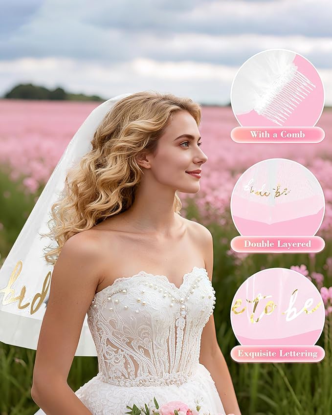 Bride to Be Wedding Veil Bachelorette Party Favors Accessories, White Bridal Shower Gifts for Bride Decorations Short Headband Engagement Gifts for Women