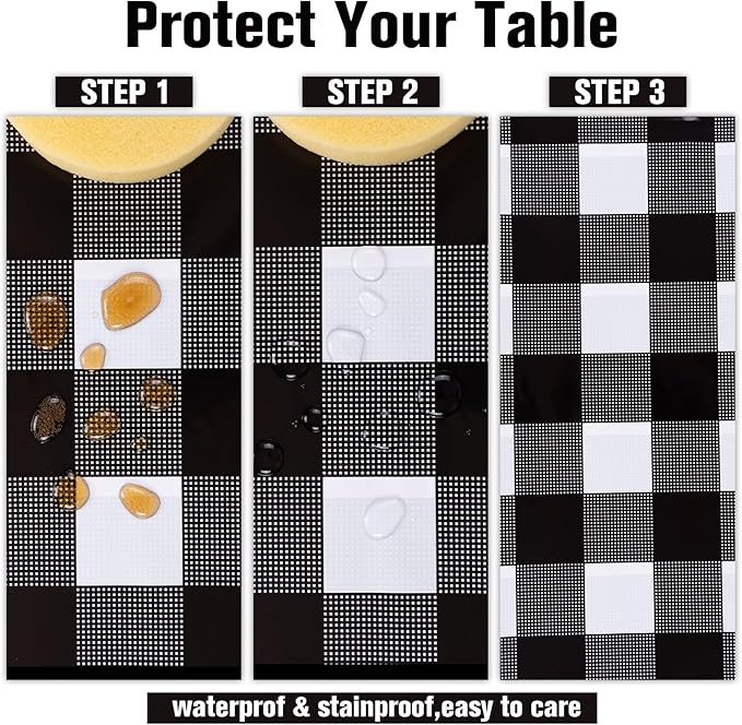 Kesfey 3 Packs Black Gingham Tablecloths 54 x 108 inch Black and White Checkered Tablecloth Disposable Plastic Plaid Picnic Tablecover Waterproof Fall Checkered Table Cloth for Camping Halloween Party