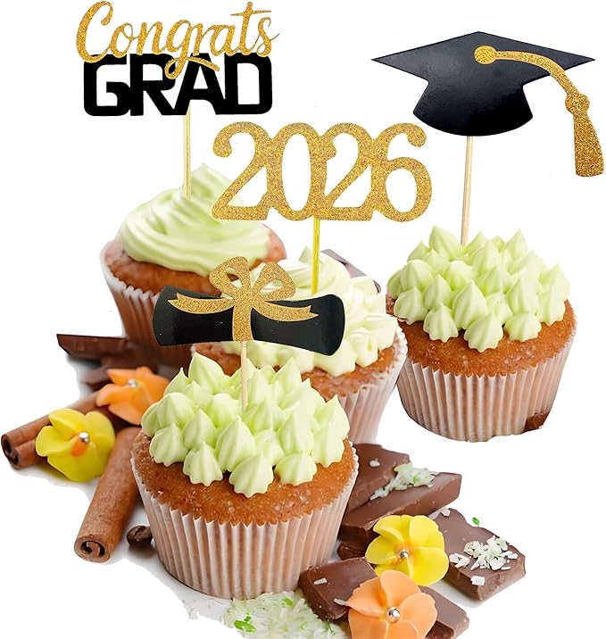 2026 Graduation Cupcake Toppers, 48 PCS Food/Appetizer Picks For Graduation Party Mini Cake Decorations, Diploma, 2026, Grad Cap Set 48 Pieces (01 Gold)