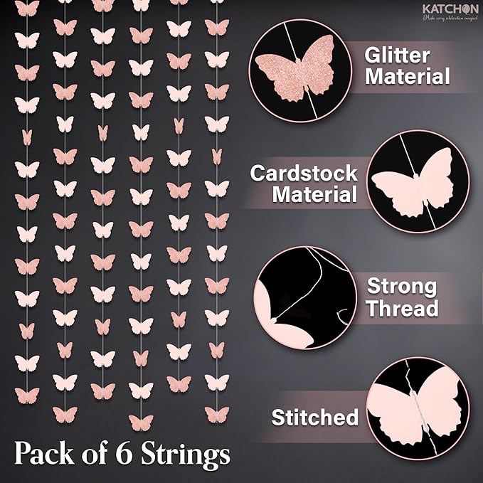 KatchOn, Rose Gold Hanging Butterfly Garland - Pack of 6 | Butterfly Wall Decor & Birthday Banner for Girls | Butterfly Birthday Decorations for Women, Baby Shower, Wedding, Bridal Shower