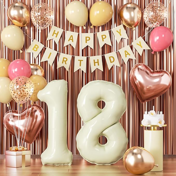 18th Birthday Decorations for Girl, Retro Sand White and Cream Balloon Garland Kit, Cream Number 18 Balloon, Pink Happy 18th Banner, 18 Year Old Party Supplies