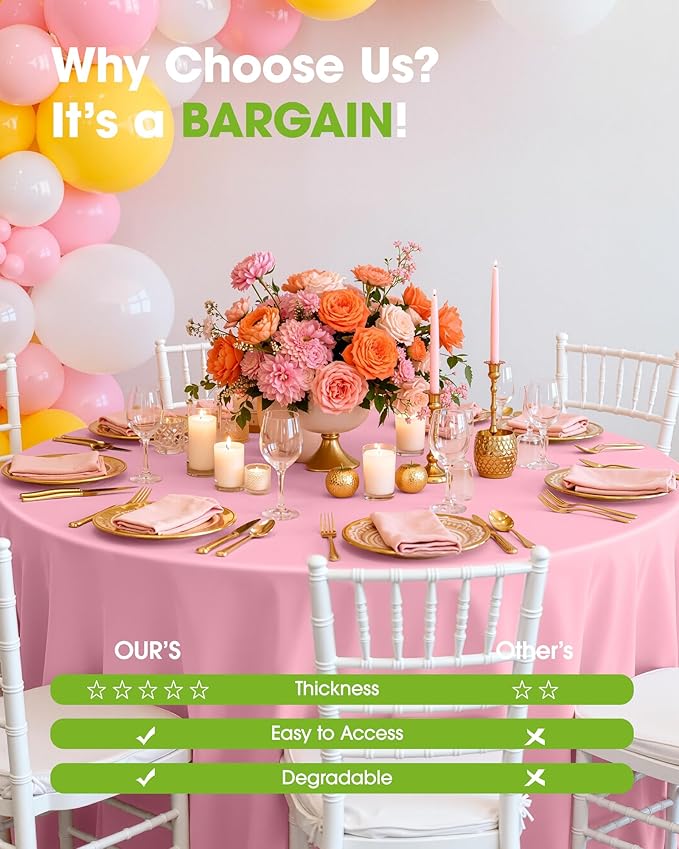 Pureegg Plastic Table Cloth Disposable 6 Pack, 84'' Round Table Cloths, Easter Party, Valentines, Mothers Day Decorations, Tablecloths, Round, Pastel Plastic Cover, Waterproof, Pink