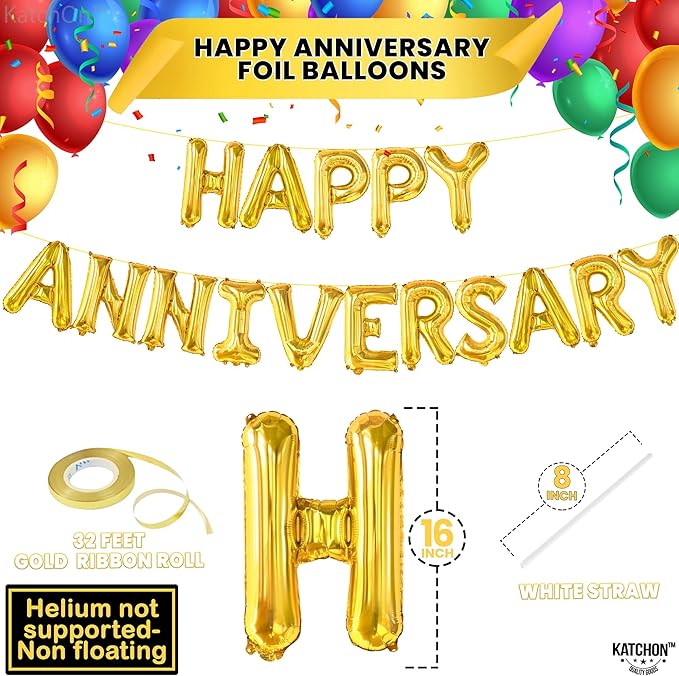 KatchOn, Letters Gold Happy Anniversary Balloons - Big, 16 Inch | Banner, Backdrop & Balloon Banner for Gold Happy Anniversary Decorations | Wedding anniversary Party Decorations | Anniversary Decor