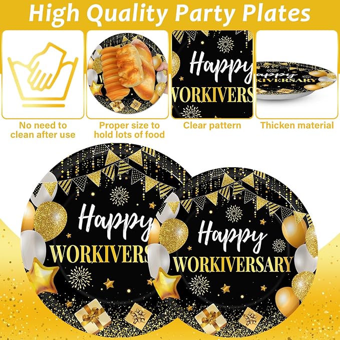 96Pcs Happy Work Anniversary Party Supplies Black Gold Happy Workiversary Tableware Dinnerware Set Worker Appreciation Plates Napkins Decorations for Women Men Office Employee Worker