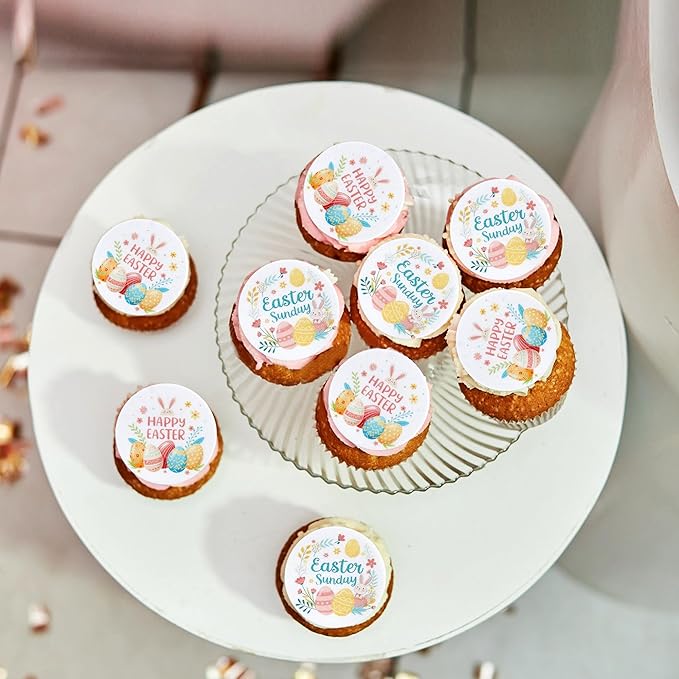 Ercadio 40 Pcs Edible Easter Eggs Cupcake Toppers Cute Rabbit Cupcake Decor Round Drink Topper Happy Easter Theme For Baby Shower Birthday Party Festive Cake Decoration Supplies