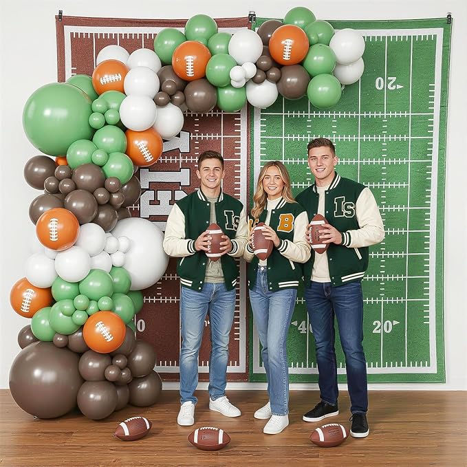 Football Balloon Arch Kit, Green Brown White Balloons Garland with Football Print Balloons for Kids Boy Men Sport Touch Down Rugby Theme Baby Shower Birthday Party Decorations Supplies