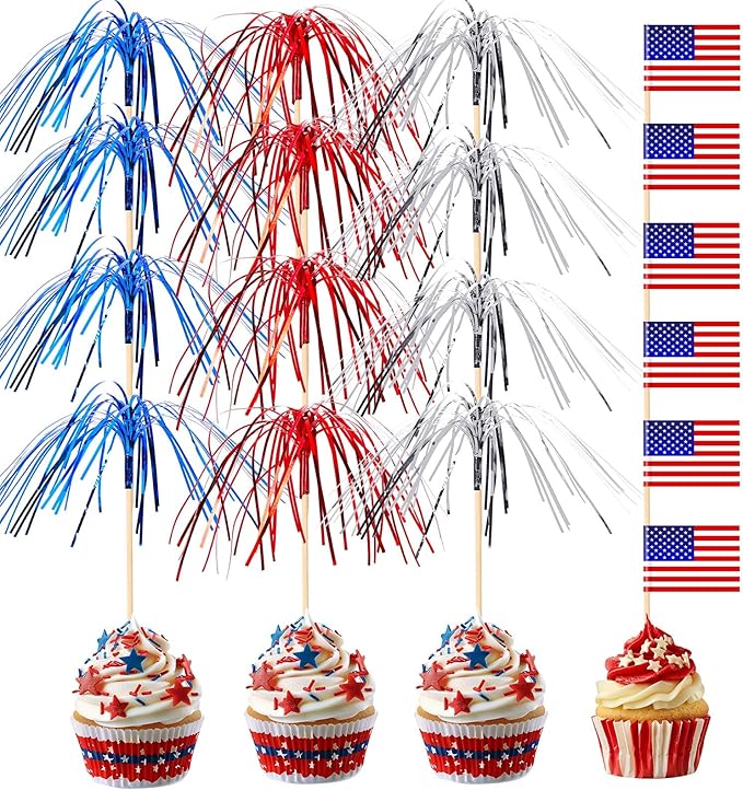 200Pcs 4th of July Cupcake Toppers, Patriotic Firework Cocktail Picks Independence Day American Flags Toothpicks Fruit Skewers for 4th of July Party Drinks Red White and Blue Decorations