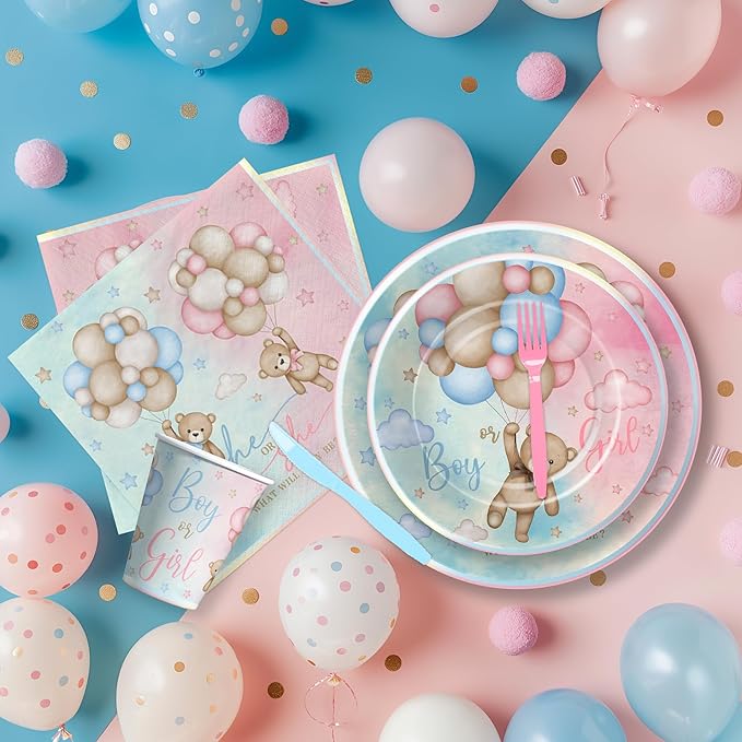 Bear Gender Reveal Decorations Party Tableware - Bear Boy Or Girl Gender Reveal Supplies, Paper Plate, Cup, Napkin, Tablecloth, Cutlery, He Or She Table Decorations | Serves 24