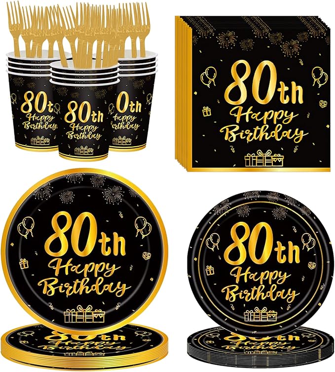 120Pcs 80th Birthday Party Supplies Plates Napkins Cups Forks Tableware Set Gold Black Happy 80th Birthday Themed Disposable Tableware Decoration Serves 24 Guests for Men Women 80 Years Old