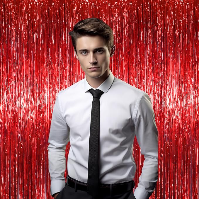 3.3 x 6.6 ft Foil Fringe Backdrop Curtains, Tinsel Streamers Party Decorations, Fringe Backdrop for Birthday, Baby Shower, Gender Reveal, Graduation (3, Red)