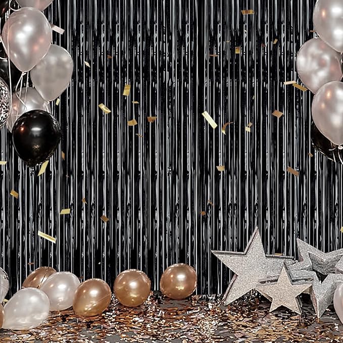 2 Pack Foil Fringe Backdrop - Laser Black Shiny Tinsel Curtains for Party Decoration/Photo Booth Props - 3.3x6.6 FT Metallic Foil Backdrop for Birthday, Wedding, Graduation, Christmas.