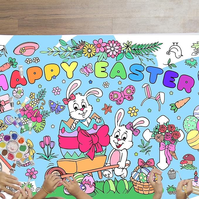 Easter Giant Coloring Poster/Tablecloth, Crafts for Kids, 30 x 72 Inches Jumbo Coloring Banner, Versatile Paper Table Cover for Easter Party Favors, Wall Decoration