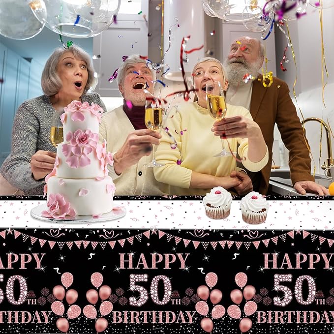3 PCS Happy 50th Birthday Tablecloth Decorations Black and Rose Gold Theme Tablecloth Plastic Disposable Table Decorations for Women Birthday Anniversary Celebration Party Supplies