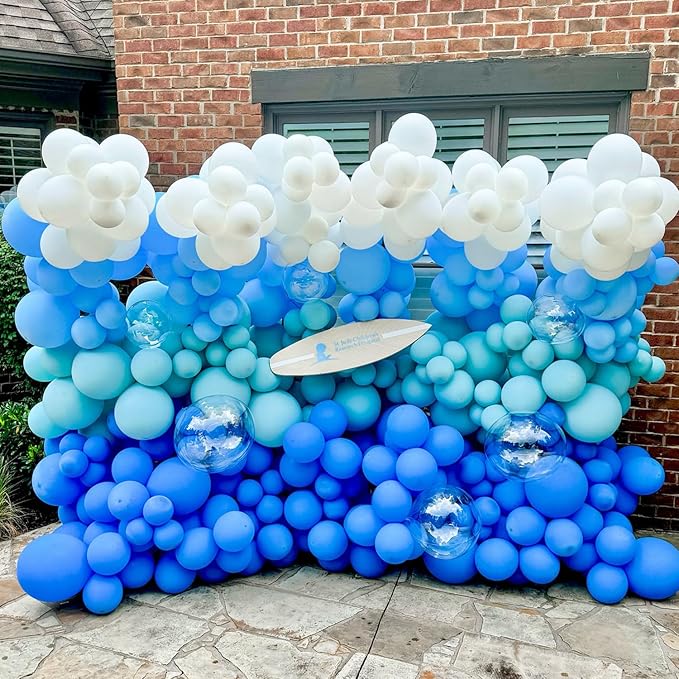 Ocean Wave Surf Theme Party Decorations, 147 Pcs Teal Blue White Balloon Garland Arch Kit with Inflatable Beach Balls for Summer Beach Pool Hawaiian Birthday Baby Shower