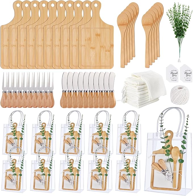 Baby Shower Prizes for Game Winners Bamboo Cheese Board Spoon Fork Butter Spreaders Plaid Towel Thank You Card and Gift Bags for Baby Shower Wedding Bridal Shower Favors (Bamboo, 10 Sets)