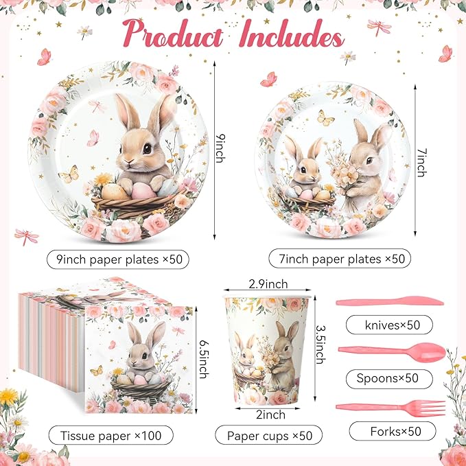 400 Pcs Easter Paper Plates Napkins Cups Set for 50 Guest, Pink Floral Easter Party Supplies Decoration Spring Bunny Egg Disposable Tableware Set for Baby Shower Wedding Birthday Decoration
